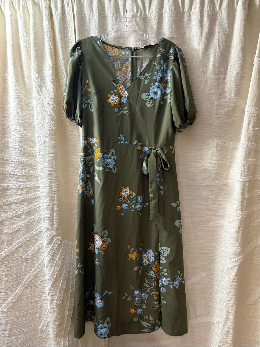 LOFT Olive Green Floral Wrap Midi Dress with Blue and Yellow Flowers